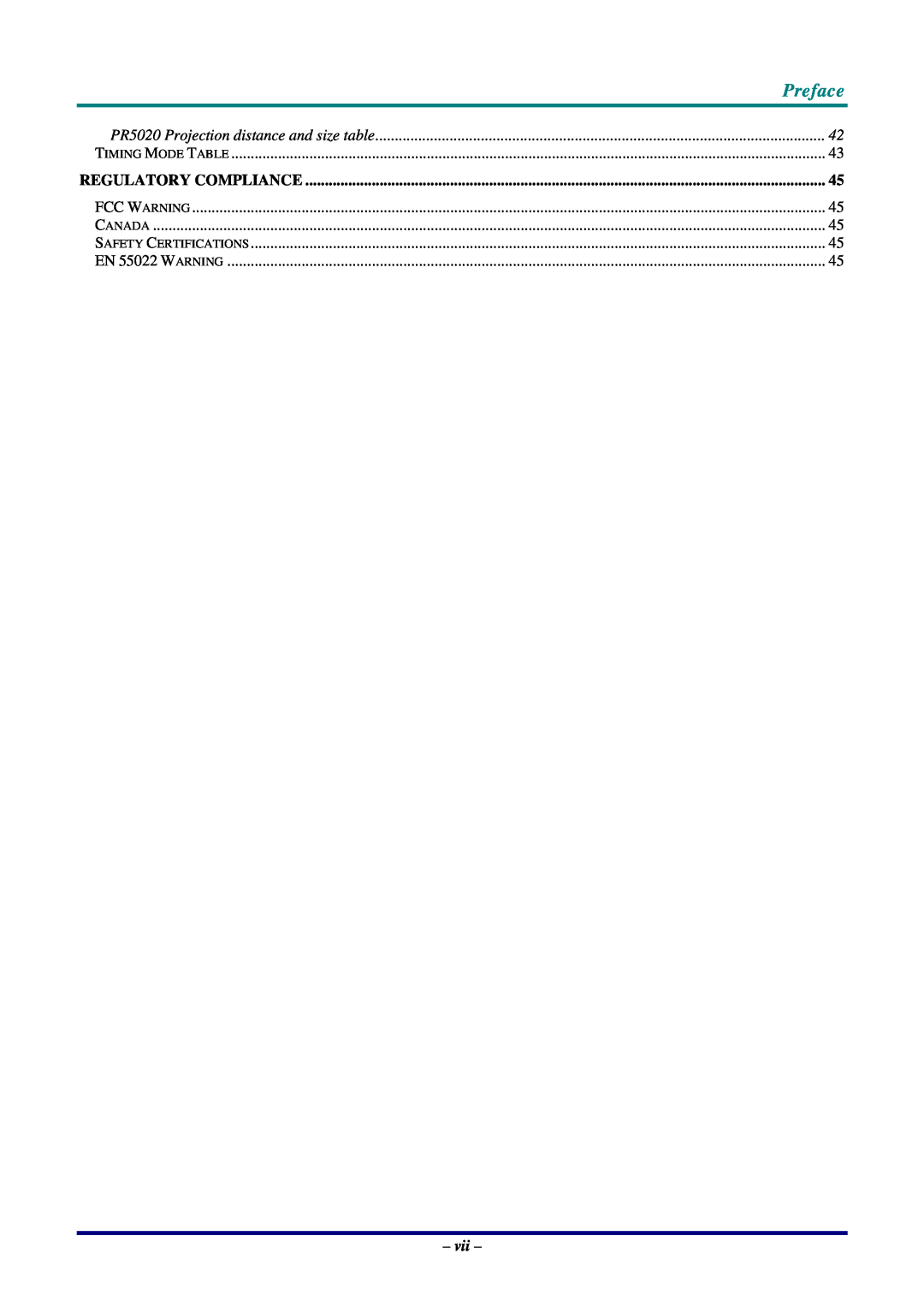 Planar PR3020 Preface, PR5020 Projection distance and size table, Timing Mode Table, Regulatory Compliance, Fcc Warning 