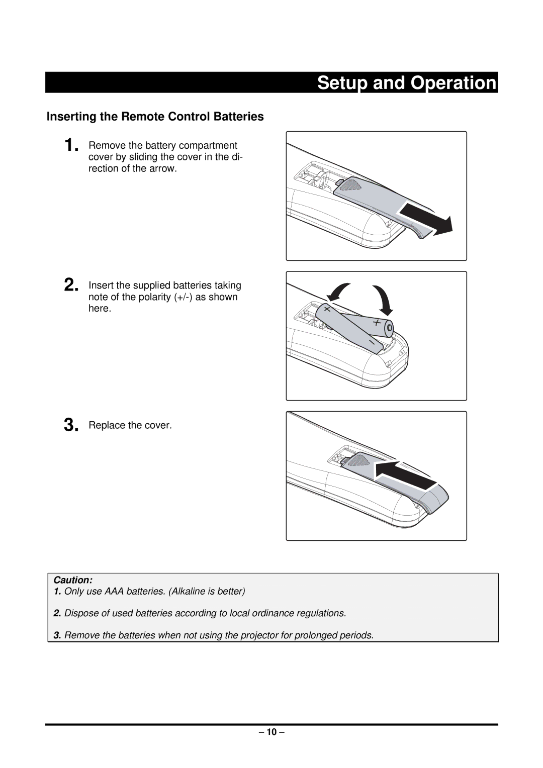 Planar PR5022 manual Setup and Operation, Inserting the Remote Control Batteries 