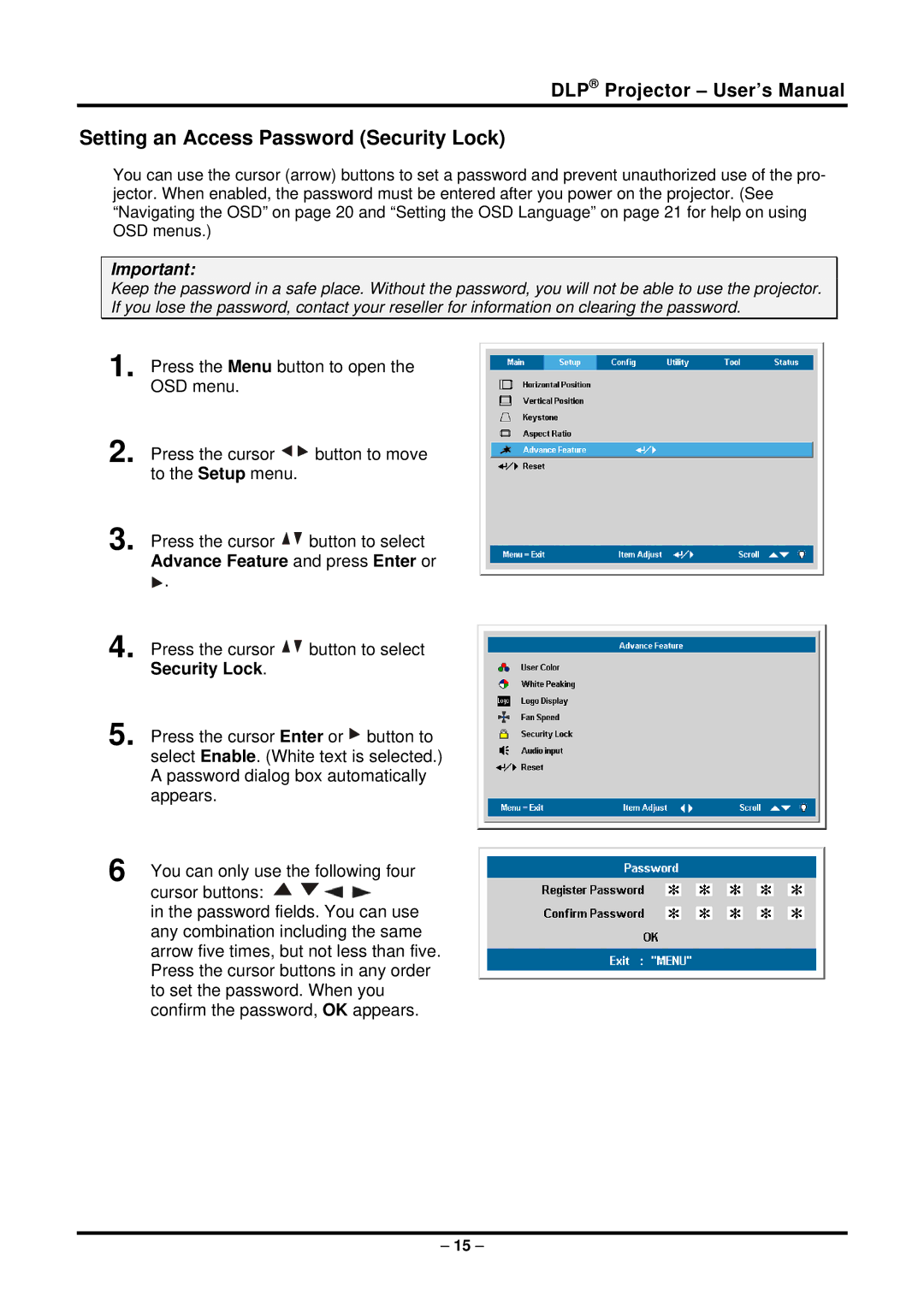 Planar PR5022 manual Setting an Access Password Security Lock 