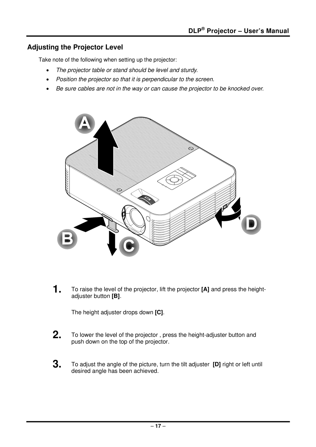 Planar PR5022 manual Adjusting the Projector Level 