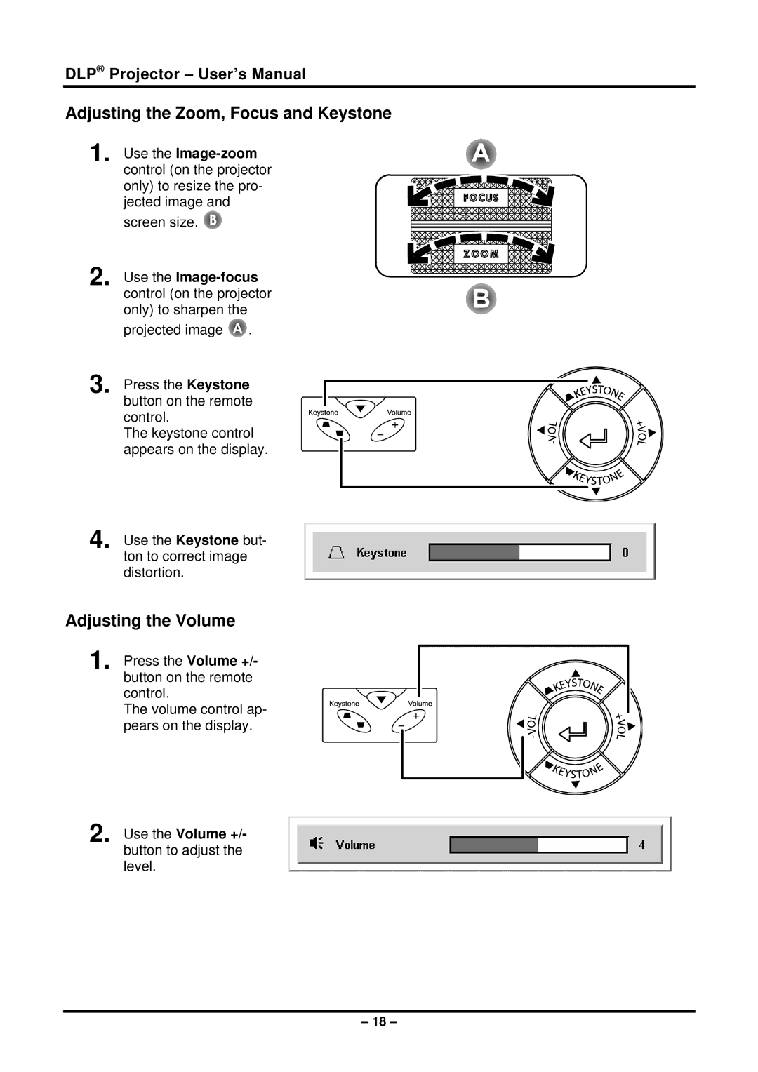 Planar PR5022 manual Adjusting the Zoom, Focus and Keystone, Adjusting the Volume 