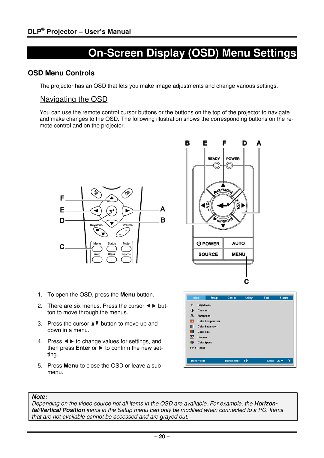 Planar PR5022 manual On-Screen Display OSD Menu Settings, Navigating the OSD, OSD Menu Controls 