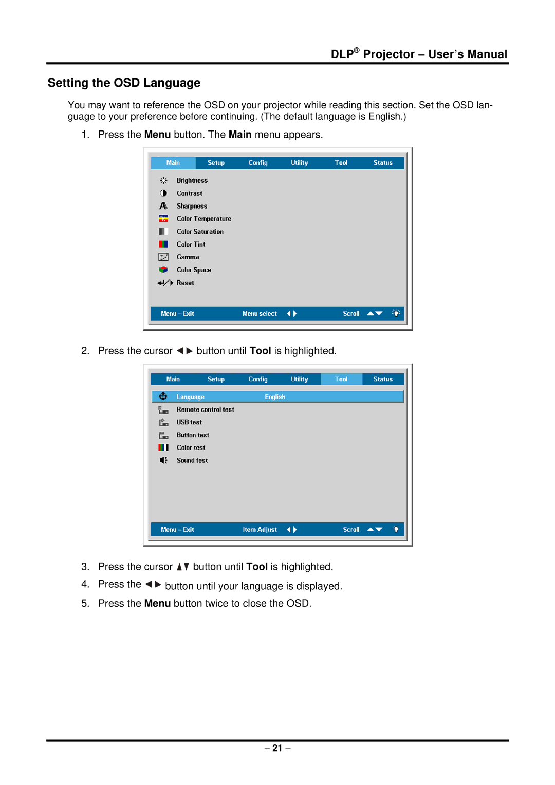 Planar PR5022 manual Setting the OSD Language 