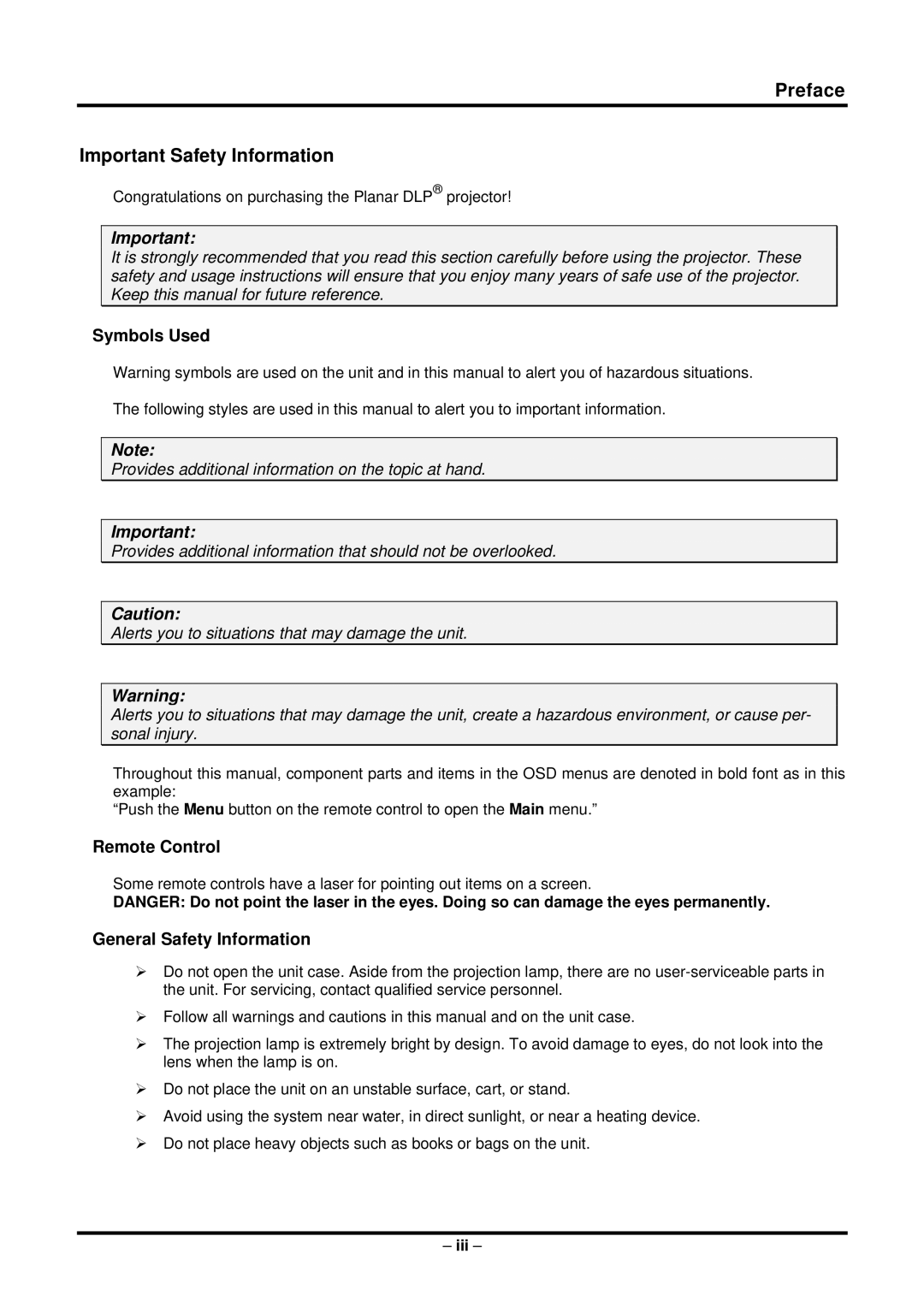 Planar PR5022 manual Preface Important Safety Information 