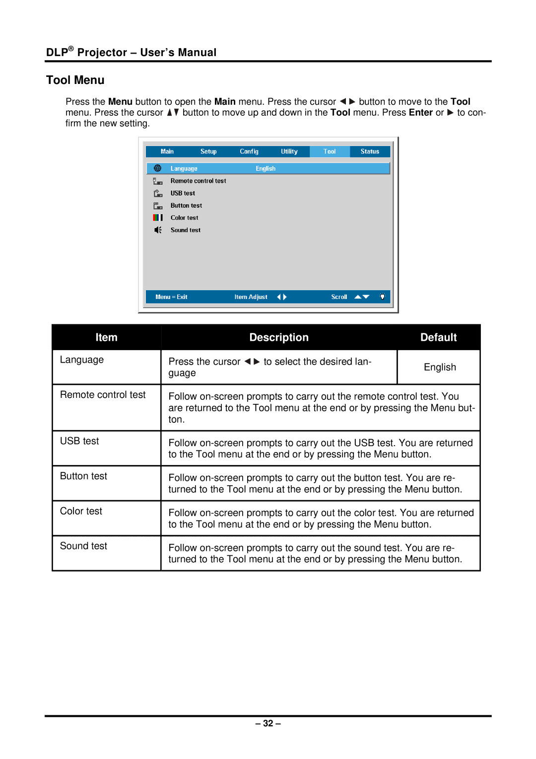 Planar PR5022 manual Tool Menu 