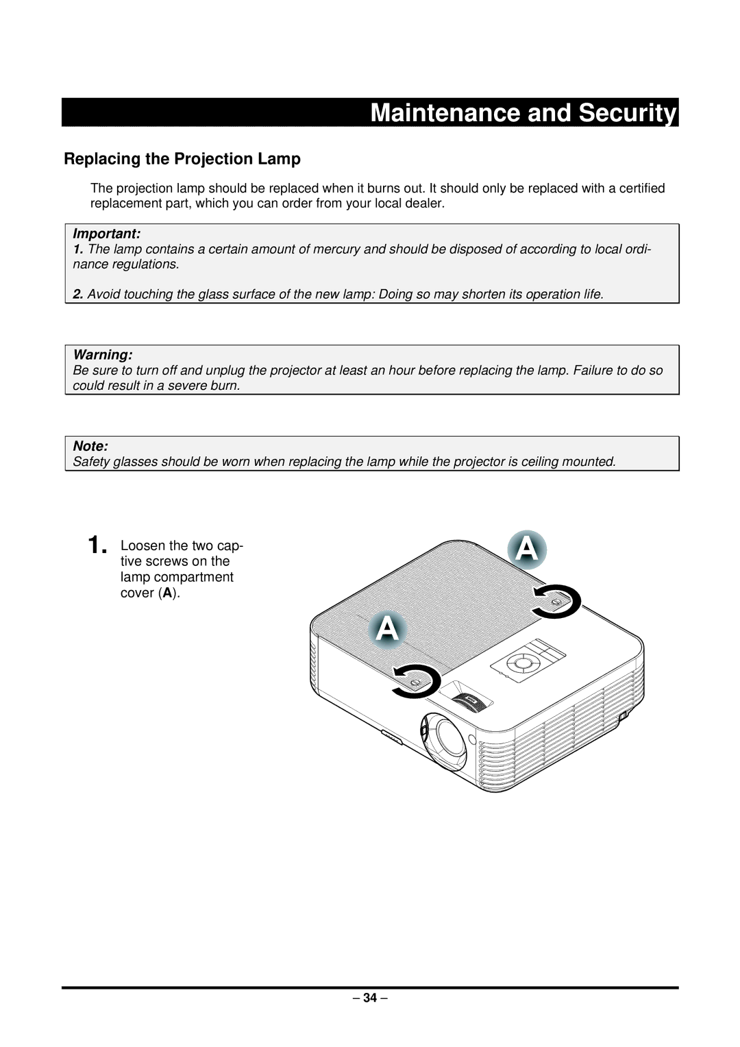 Planar PR5022 manual Maintenance and Security, Replacing the Projection Lamp 