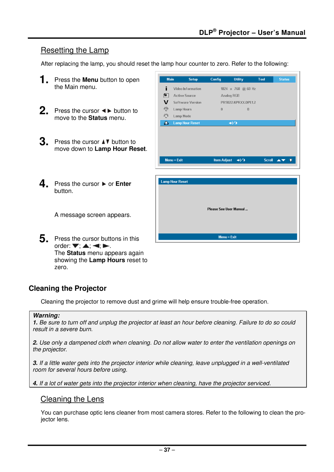 Planar PR5022 manual Resetting the Lamp, Cleaning the Lens, Cleaning the Projector 
