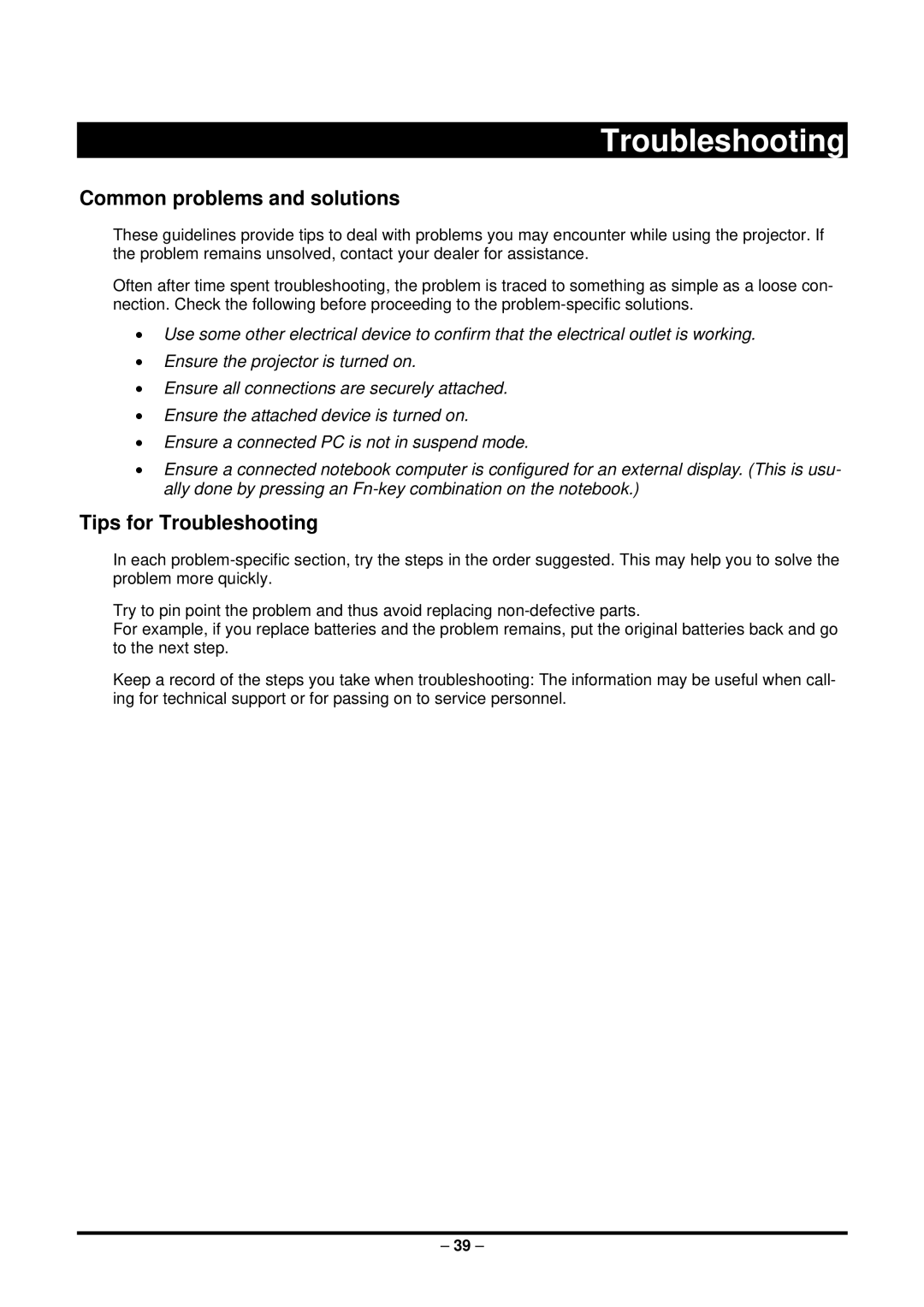 Planar PR5022 manual Common problems and solutions, Tips for Troubleshooting 