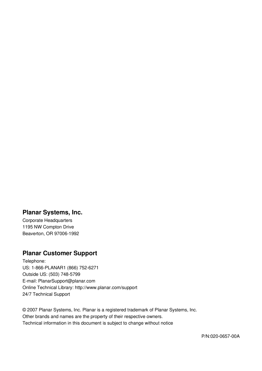 Planar PR5022 manual Planar Systems, Inc 