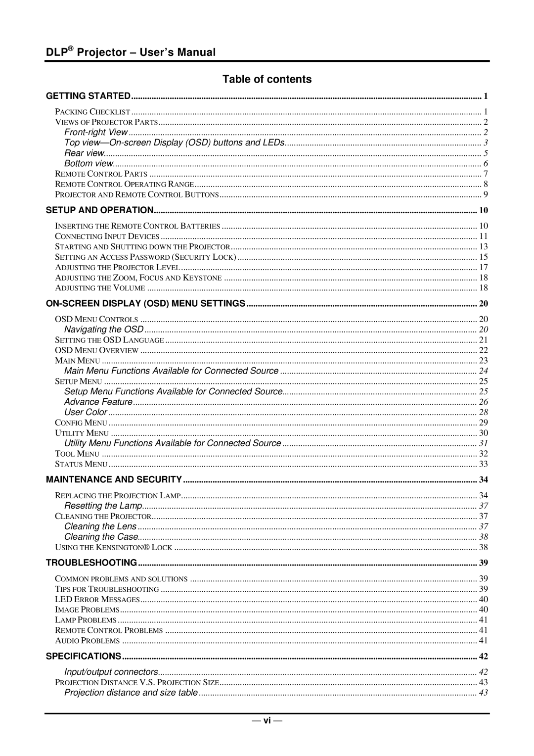 Planar PR5022 manual DLP Projector User’s Manual Table of contents 