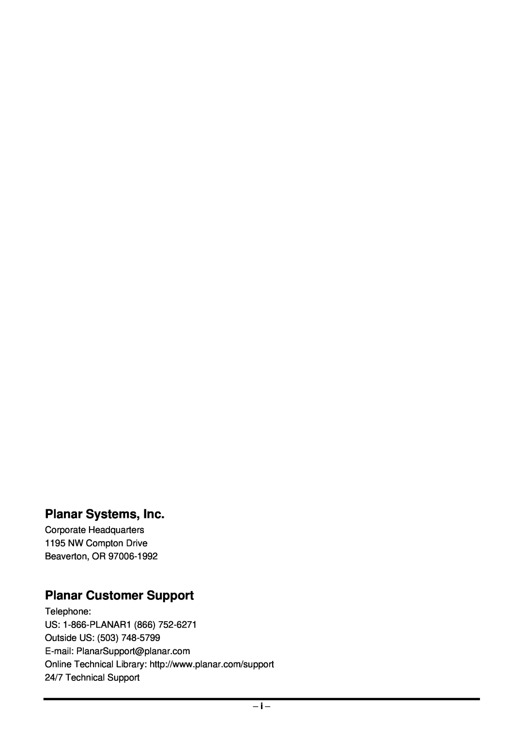 Planar PR5022 Planar Systems, Inc, Planar Customer Support, Corporate Headquarters 1195 NW Compton Drive Beaverton, OR 