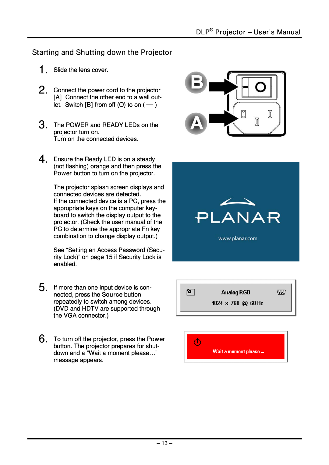 Planar PR5022 manual Starting and Shutting down the Projector, DLP Projector - User’s Manual 