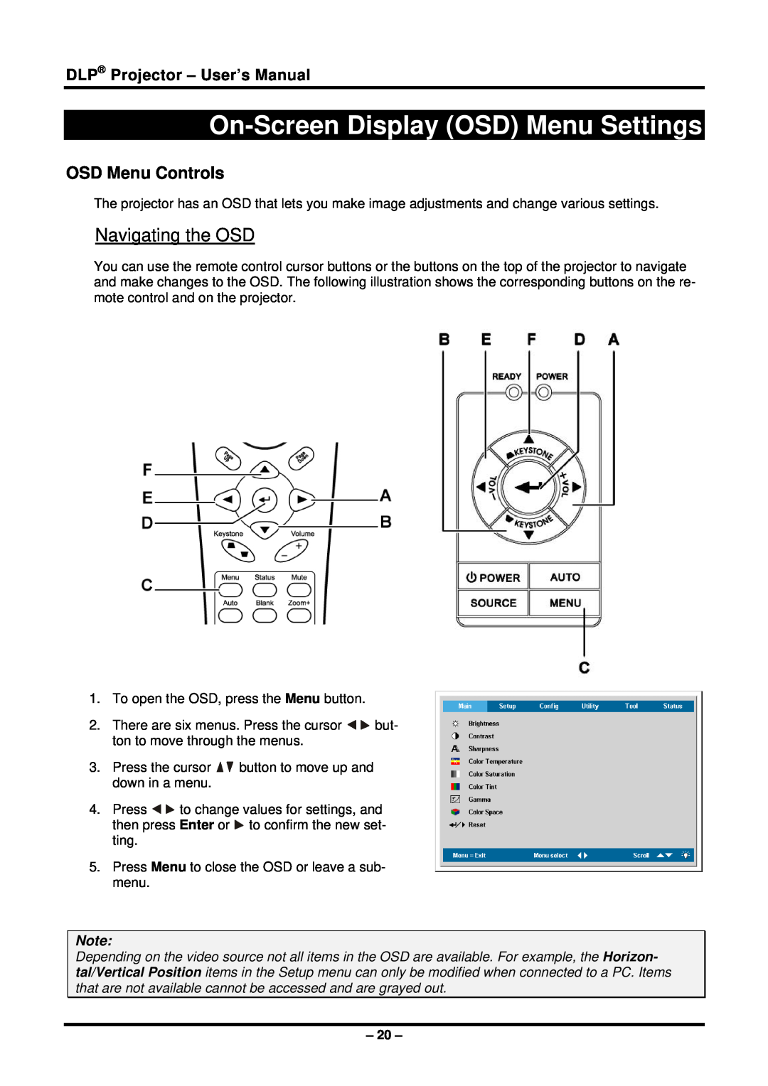 Planar PR5022 On-Screen Display OSD Menu Settings, Navigating the OSD, OSD Menu Controls, DLP Projector - User’s Manual 