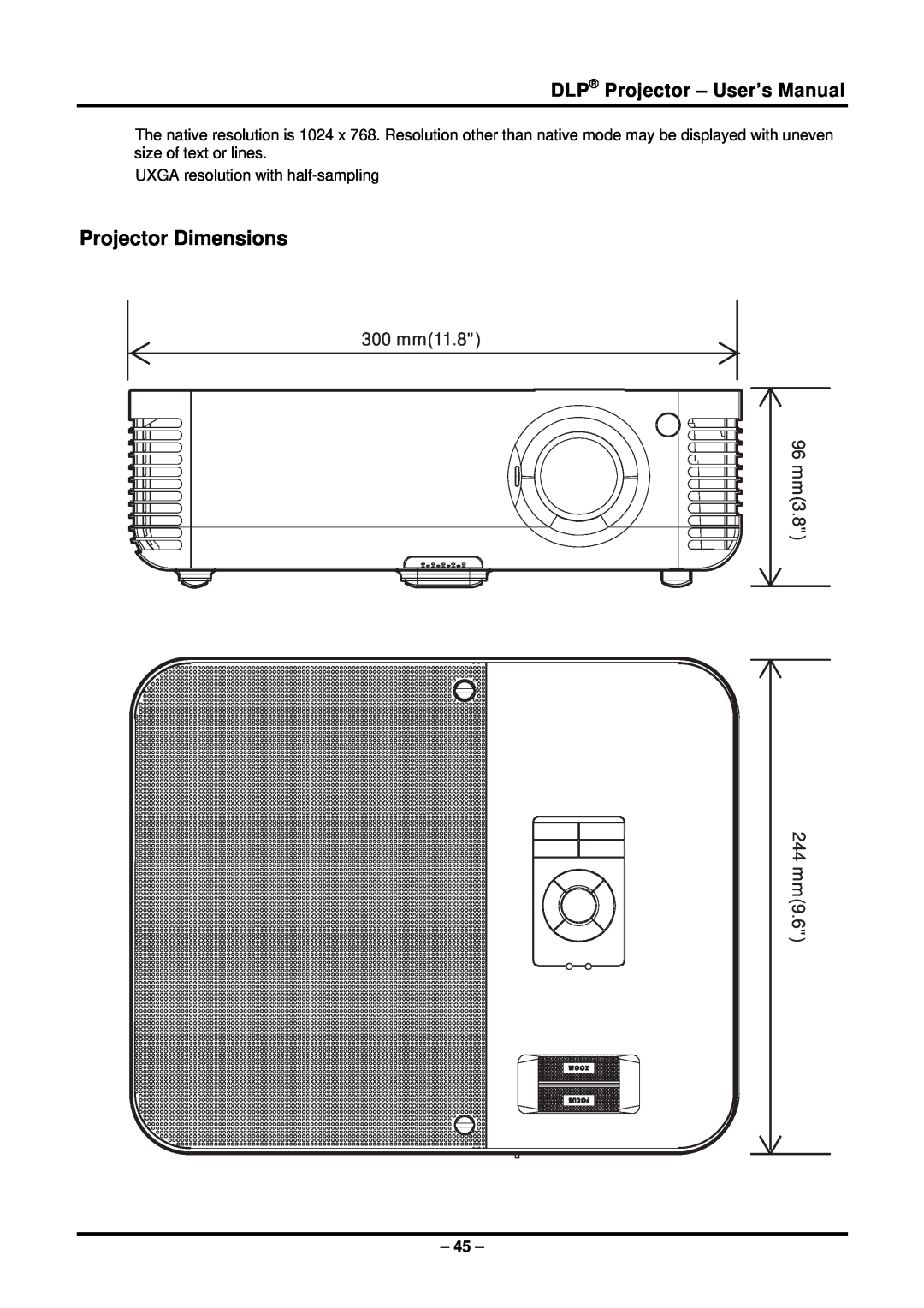 Planar PR5022 manual Projector Dimensions, 300 mm11.8 mm396 244 mm9.6, DLP Projector - User’s Manual 