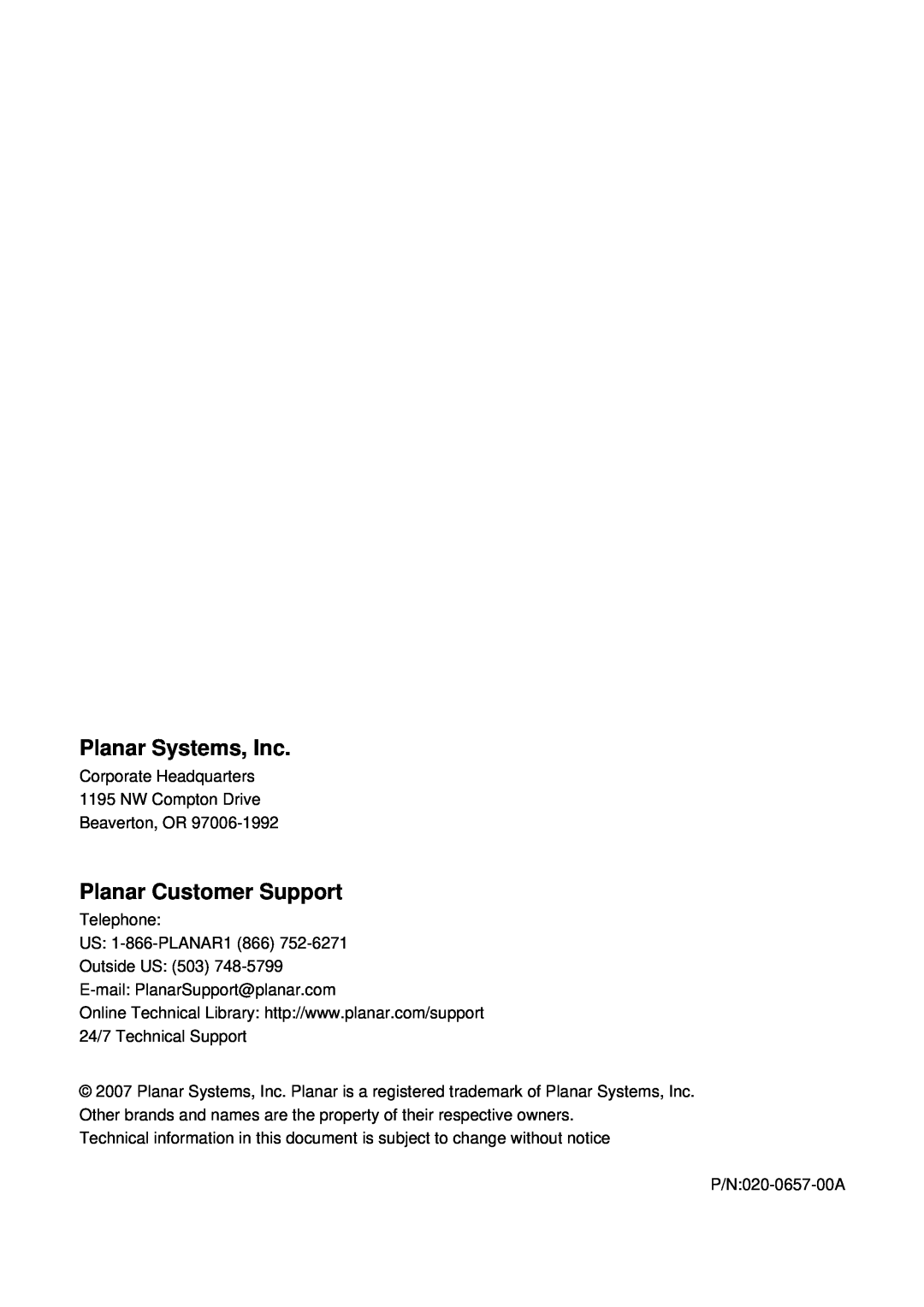 Planar PR5022 manual Planar Systems, Inc, Planar Customer Support 