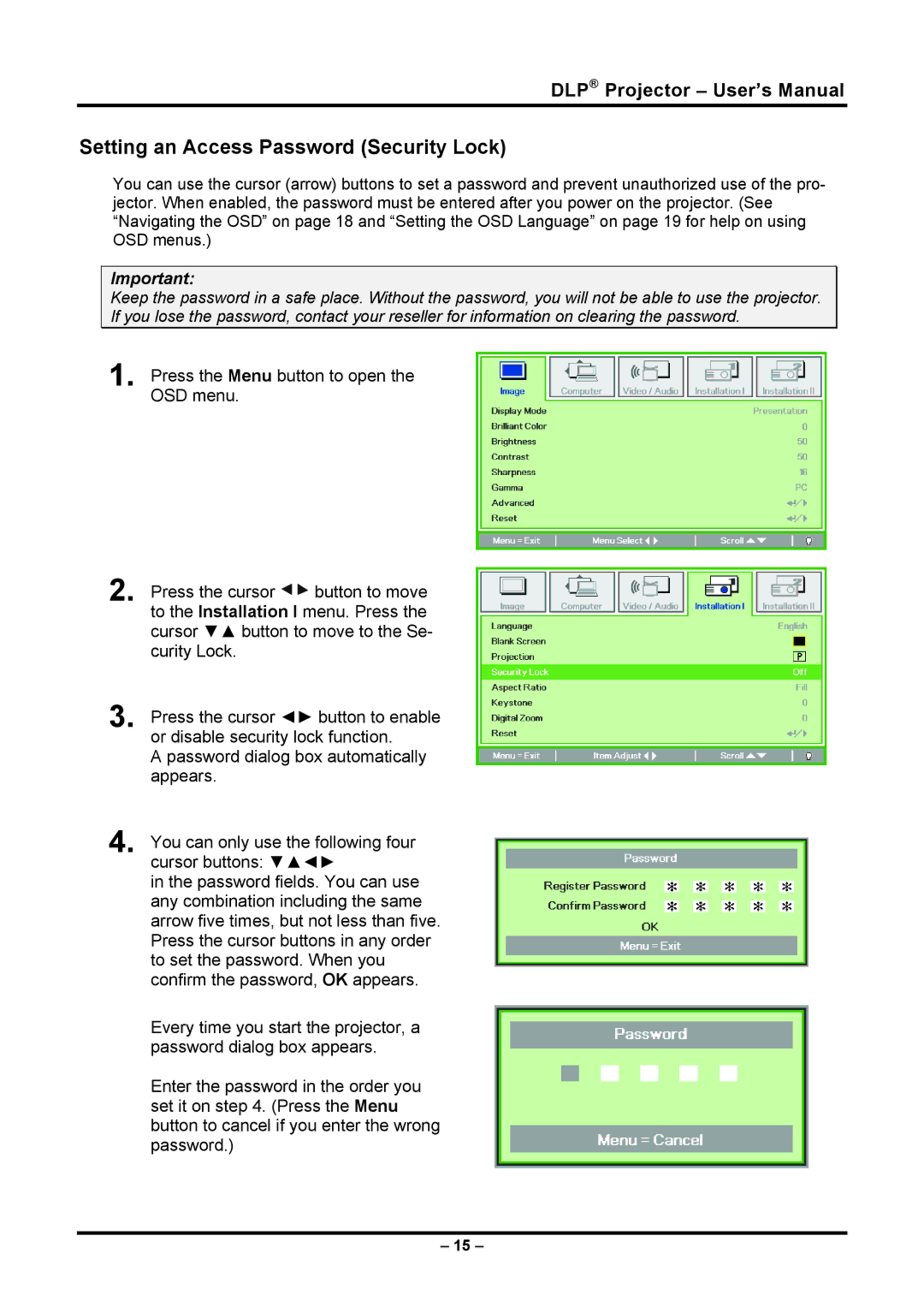 Planar PR5030 manual Setting an Access Password Security Lock 