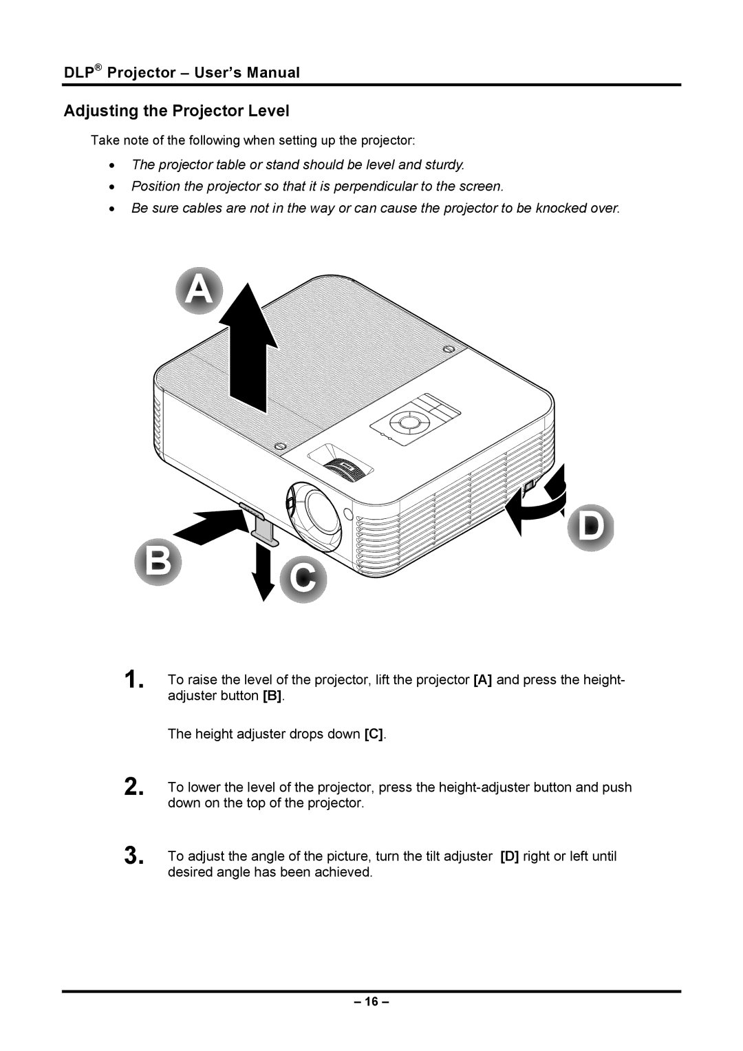 Planar PR5030 manual Adjusting the Projector Level 