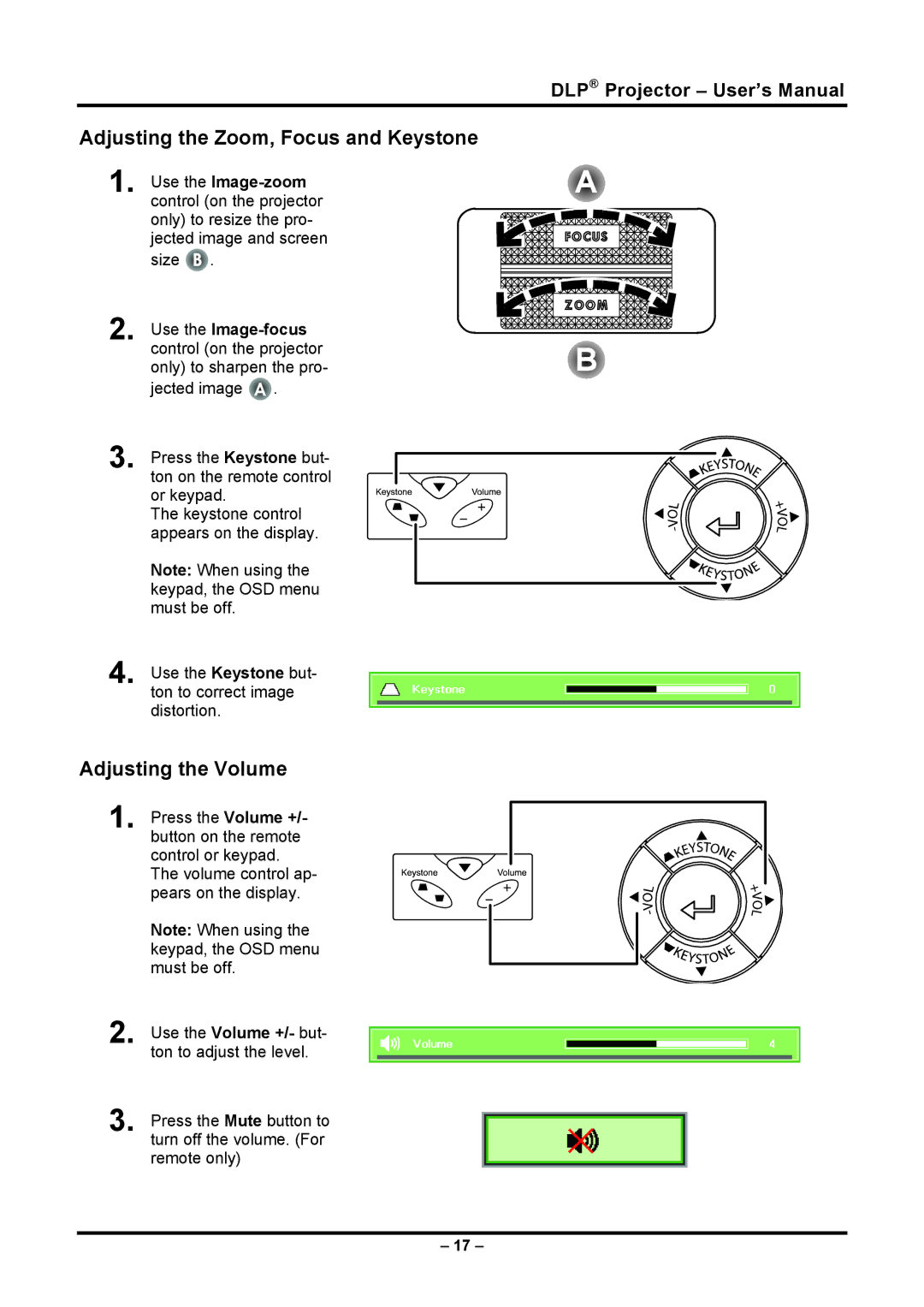 Planar PR5030 manual Adjusting the Zoom, Focus and Keystone, Adjusting the Volume 