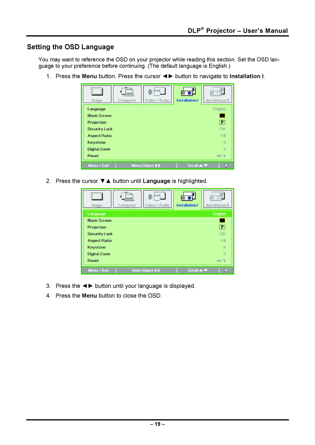 Planar PR5030 manual Setting the OSD Language 