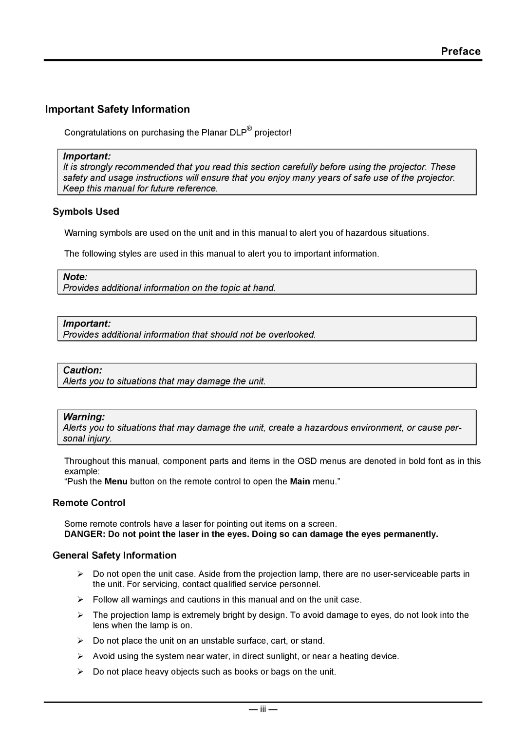 Planar PR5030 manual Preface Important Safety Information 