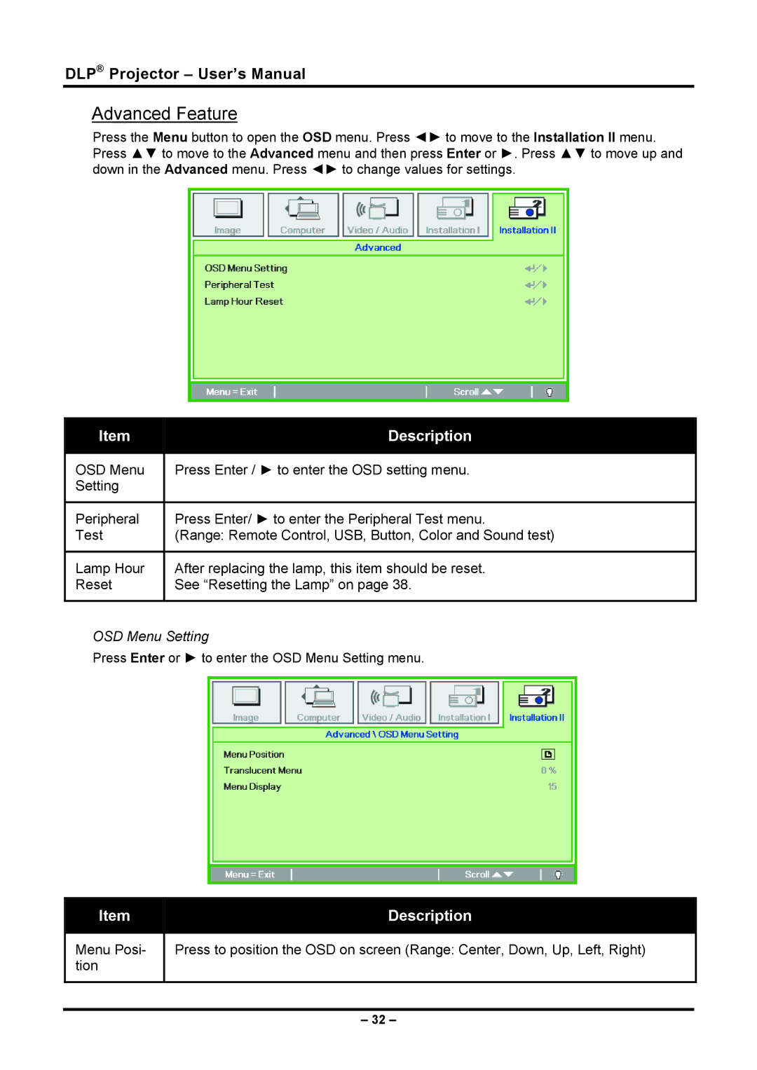 Planar PR5030 manual OSD Menu Setting 