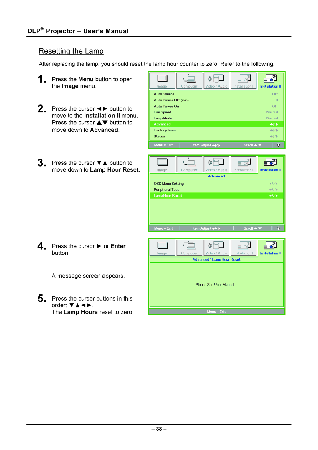 Planar PR5030 manual Resetting the Lamp 