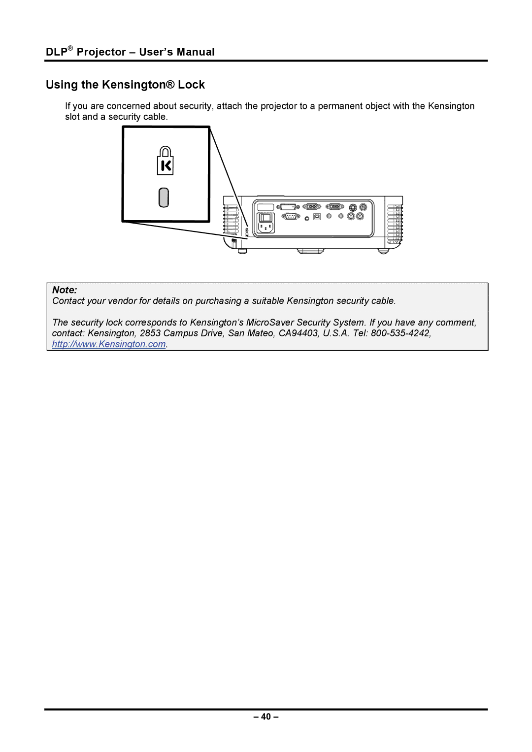 Planar PR5030 manual Using the Kensington Lock 