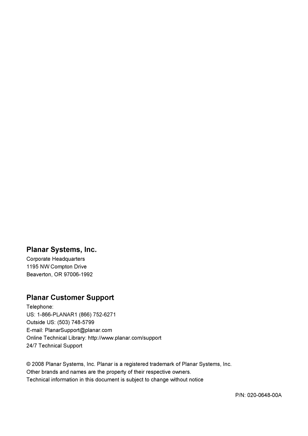 Planar PR5030 manual Planar Systems, Inc 