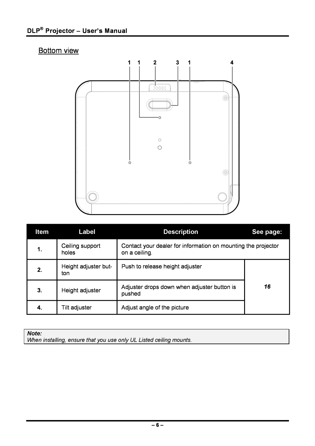 Planar PR5030 manual Bottom view, DLP Projector - User’s Manual, Label, Description, See page 