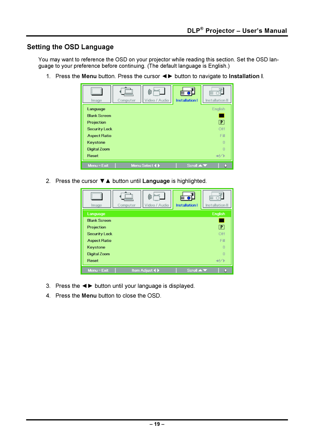 Planar PR5030 manual Setting the OSD Language, DLP Projector - User’s Manual 