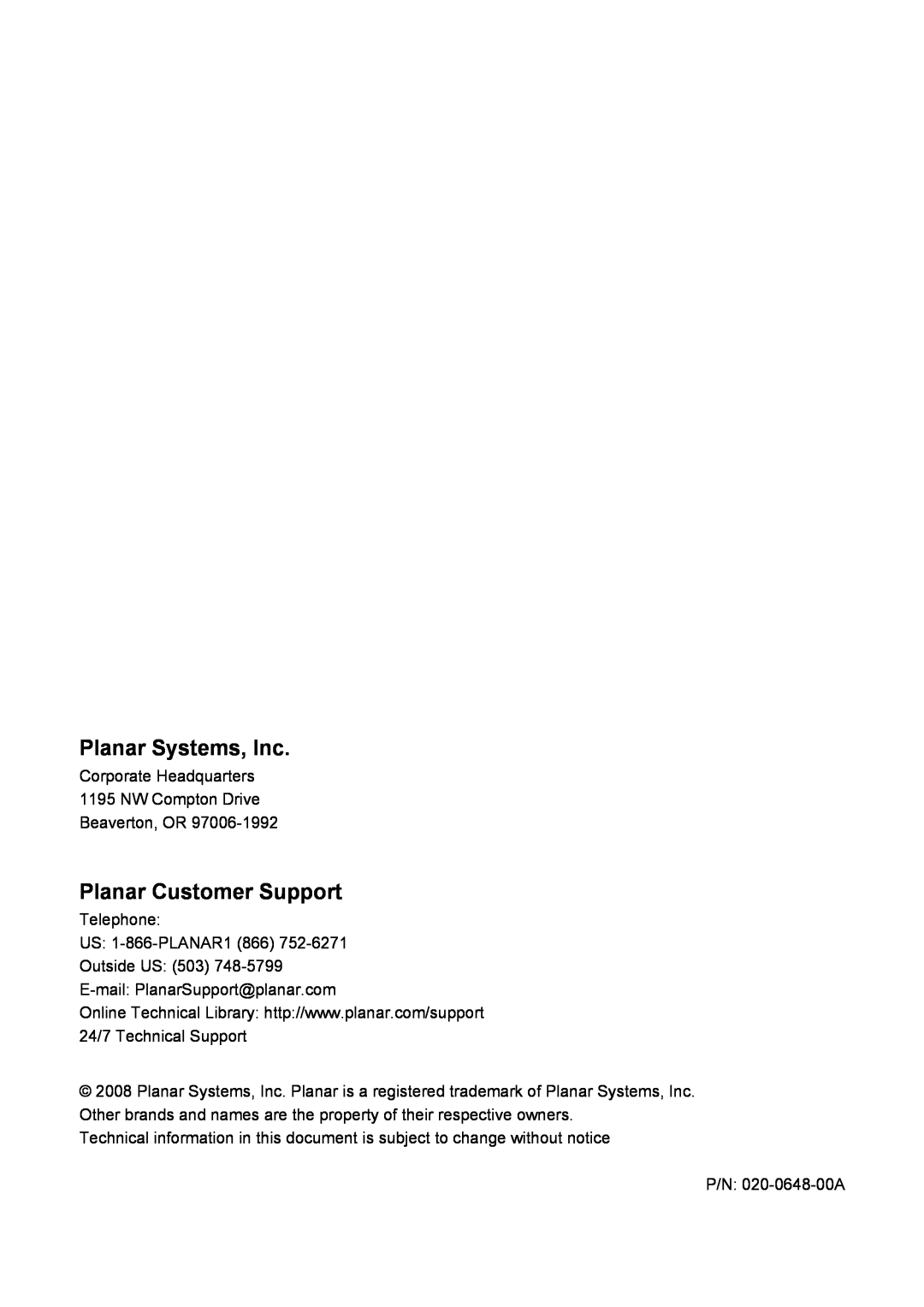 Planar PR5030 manual Planar Systems, Inc, Planar Customer Support 