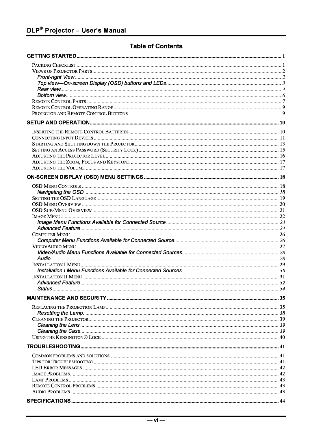 Planar PR5030 Table of Contents, DLP Projector - User’s Manual, Getting Started, Setup And Operation, Troubleshooting 