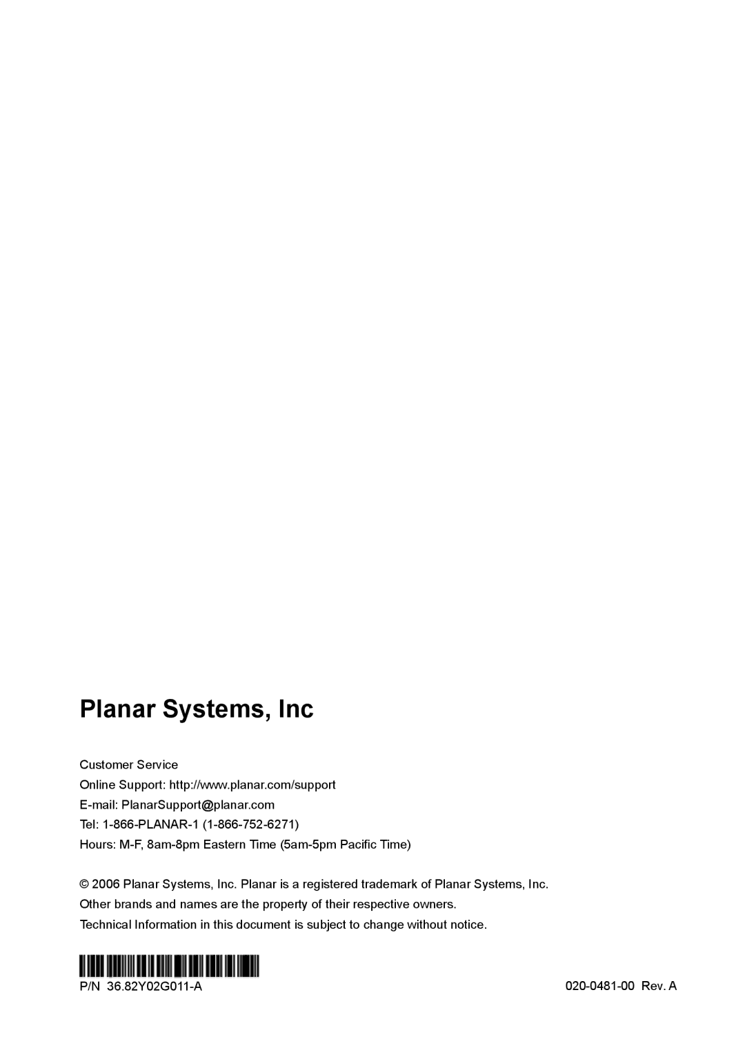 Planar PR6020 manual Planar Systems, Inc 