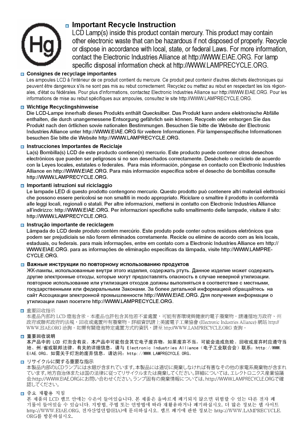 Planar PR6020 manual Important Recycle Instruction 