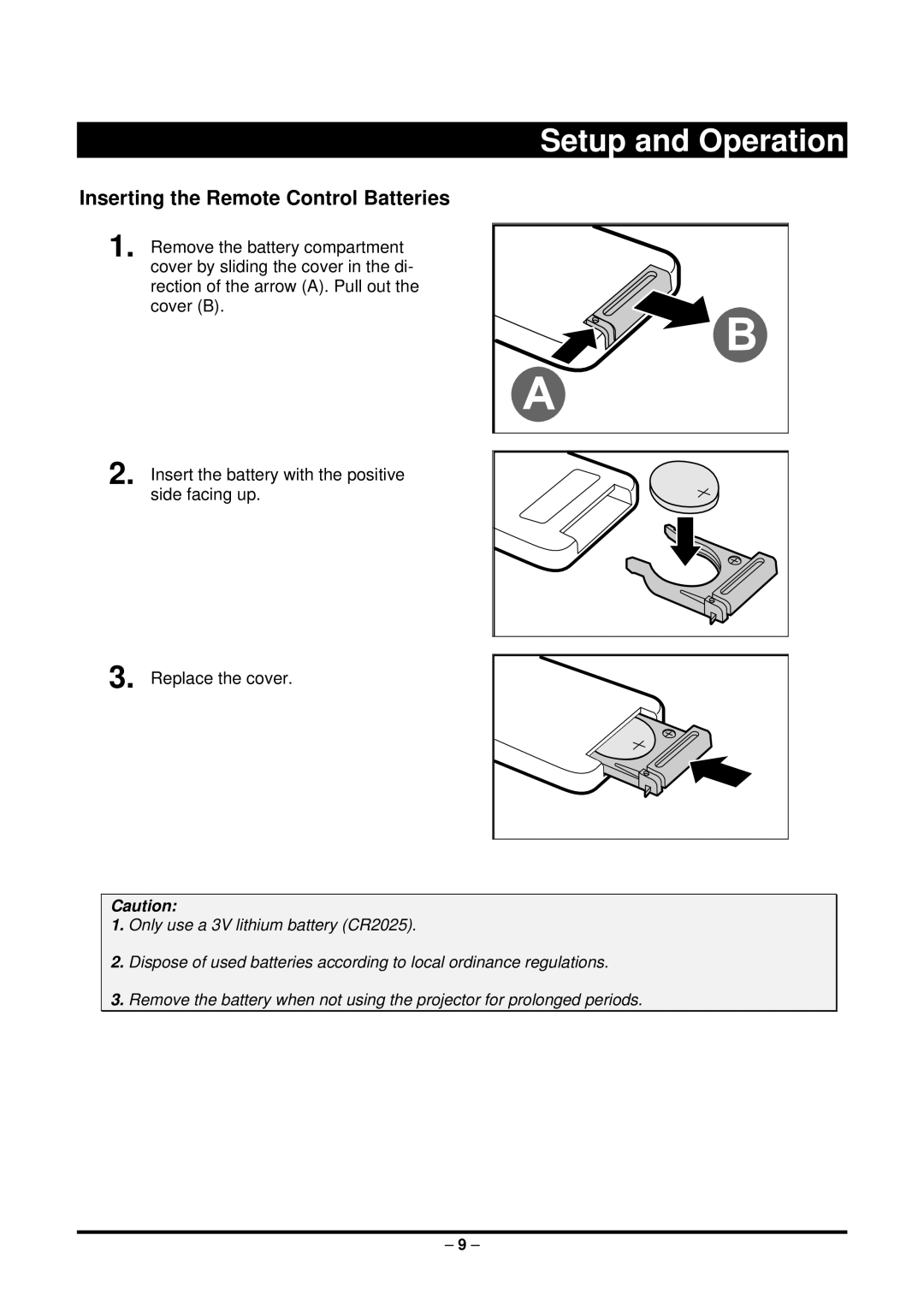 Planar PR6022 manual Setup and Operation, Inserting the Remote Control Batteries 