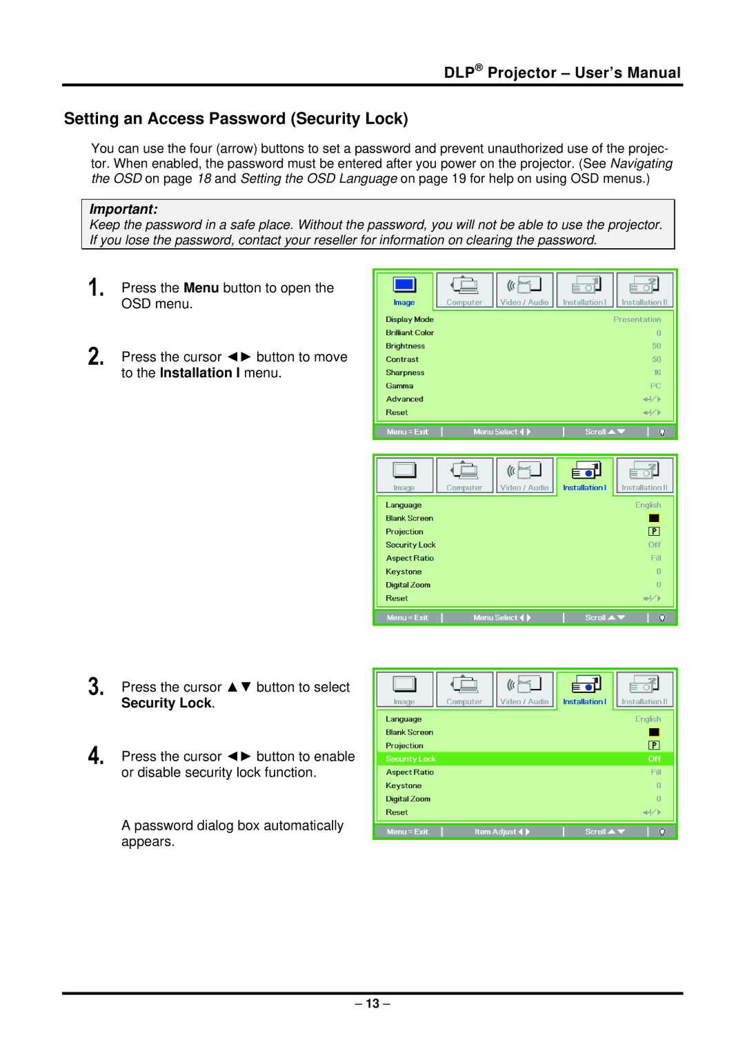 Planar PR6022 manual Setting an Access Password Security Lock 