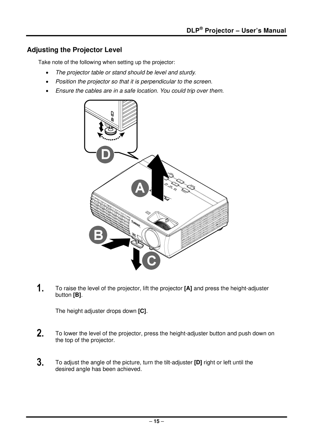 Planar PR6022 manual Adjusting the Projector Level 