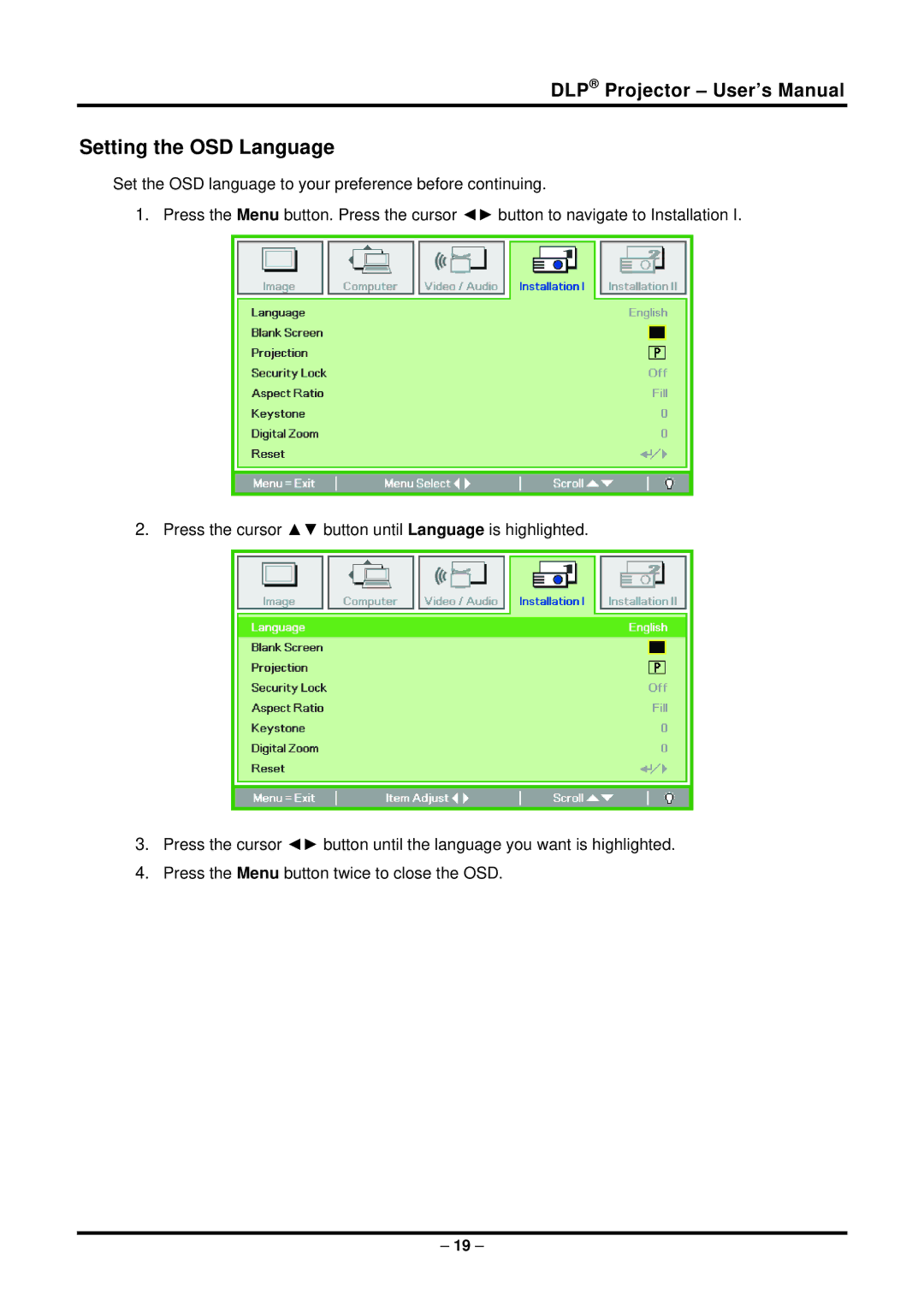 Planar PR6022 manual Setting the OSD Language 