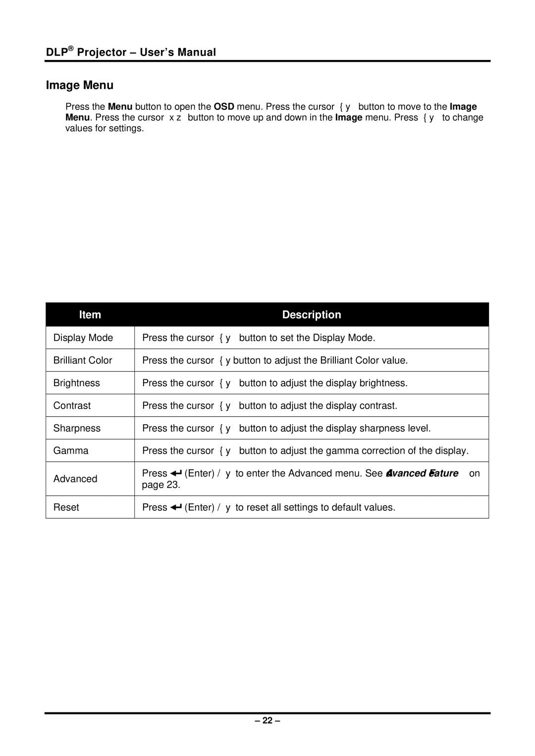 Planar PR6022 manual Image Menu 