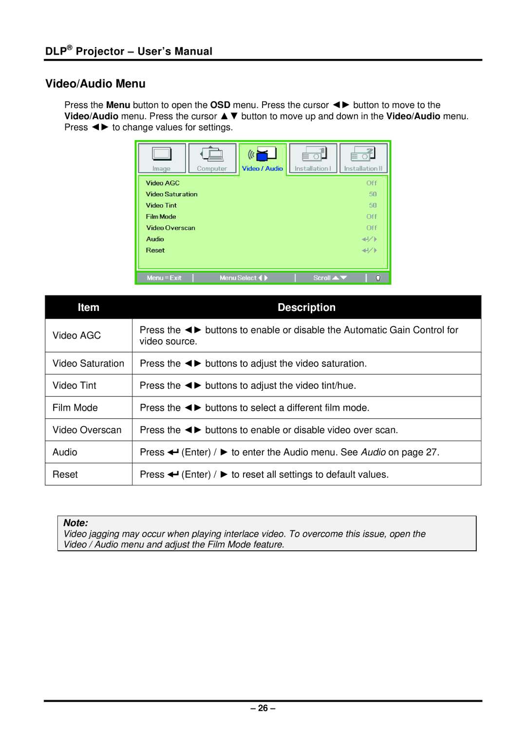 Planar PR6022 manual Video/Audio Menu 