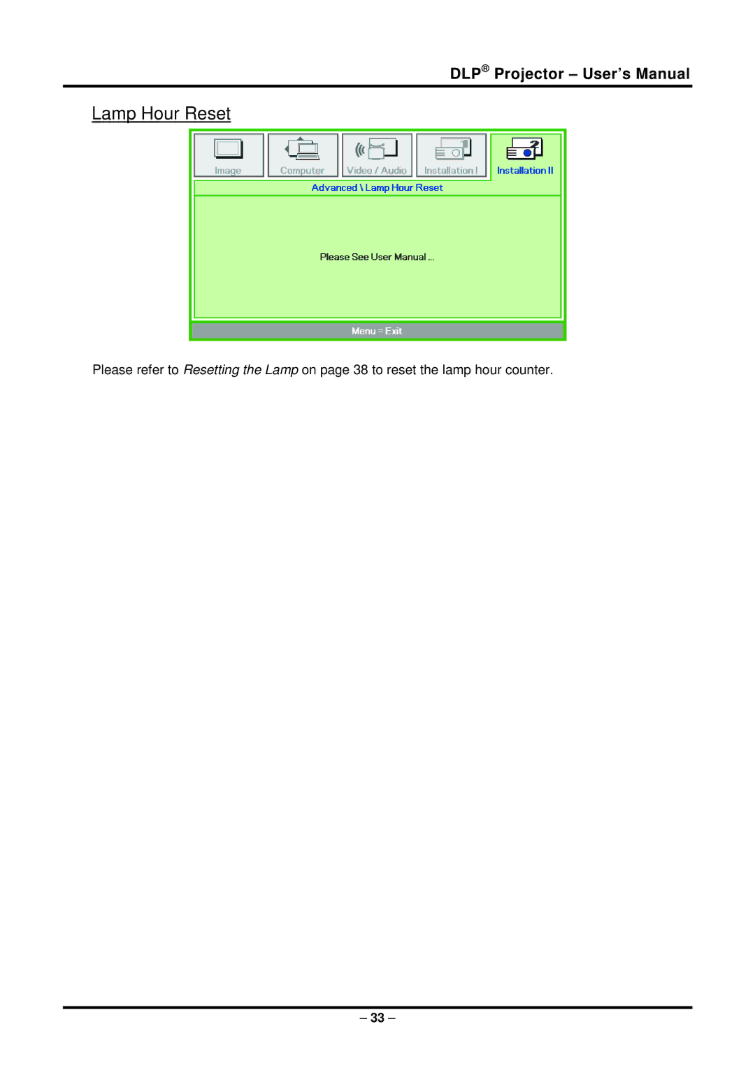 Planar PR6022 manual Lamp Hour Reset 