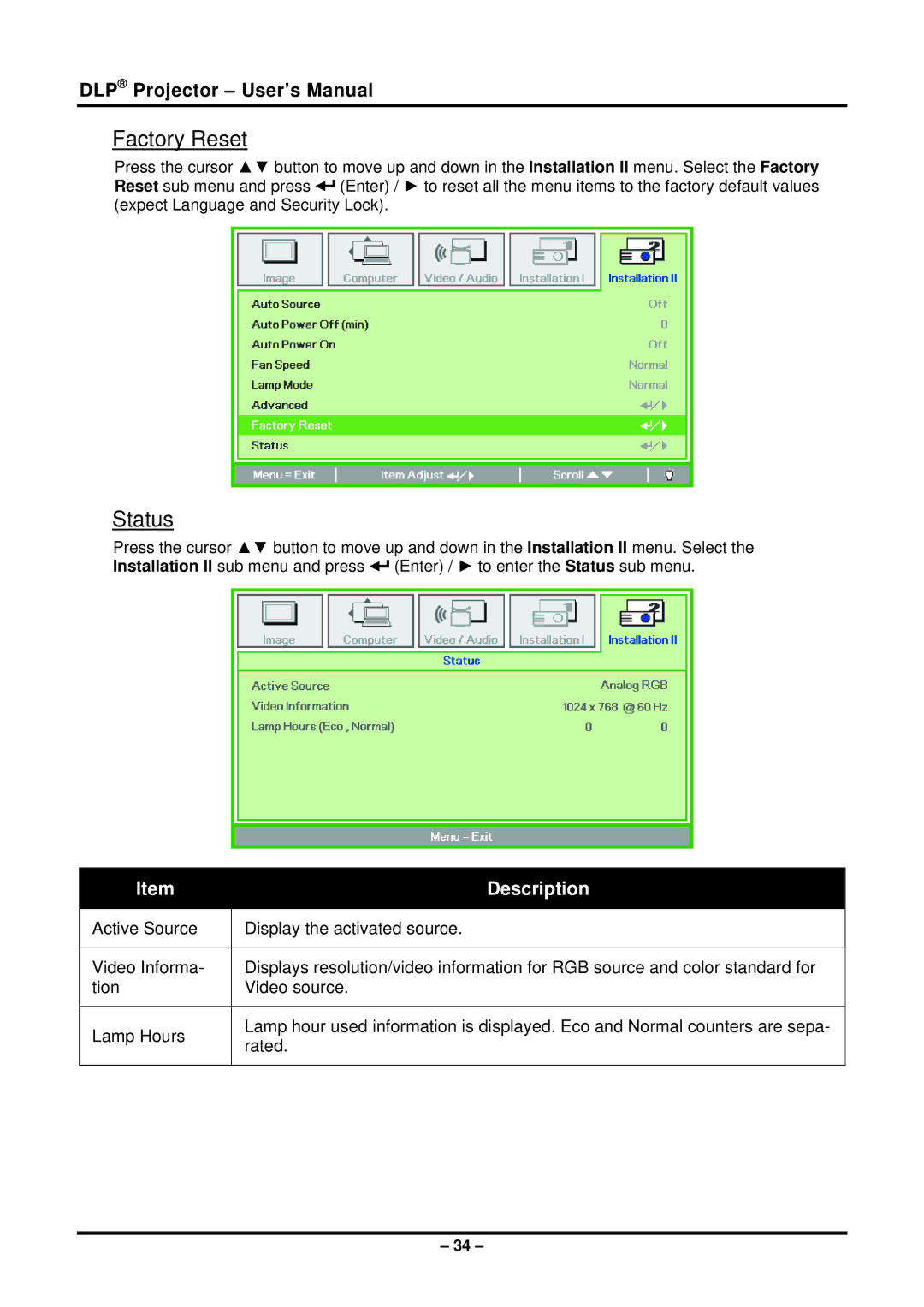 Planar PR6022 manual Factory Reset, Status 