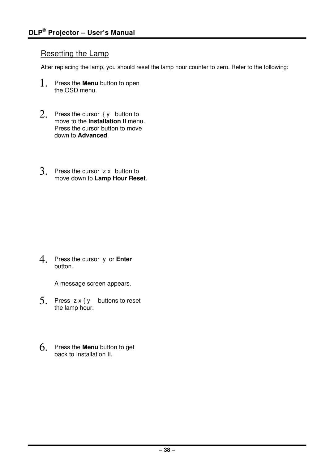 Planar PR6022 manual Resetting the Lamp 