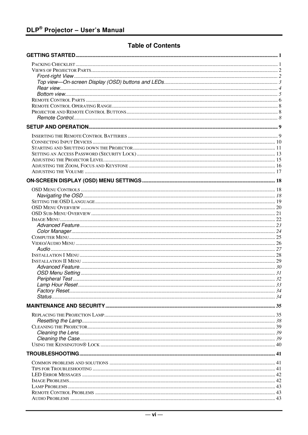 Planar PR6022 manual DLP Projector User’s Manual Table of Contents 