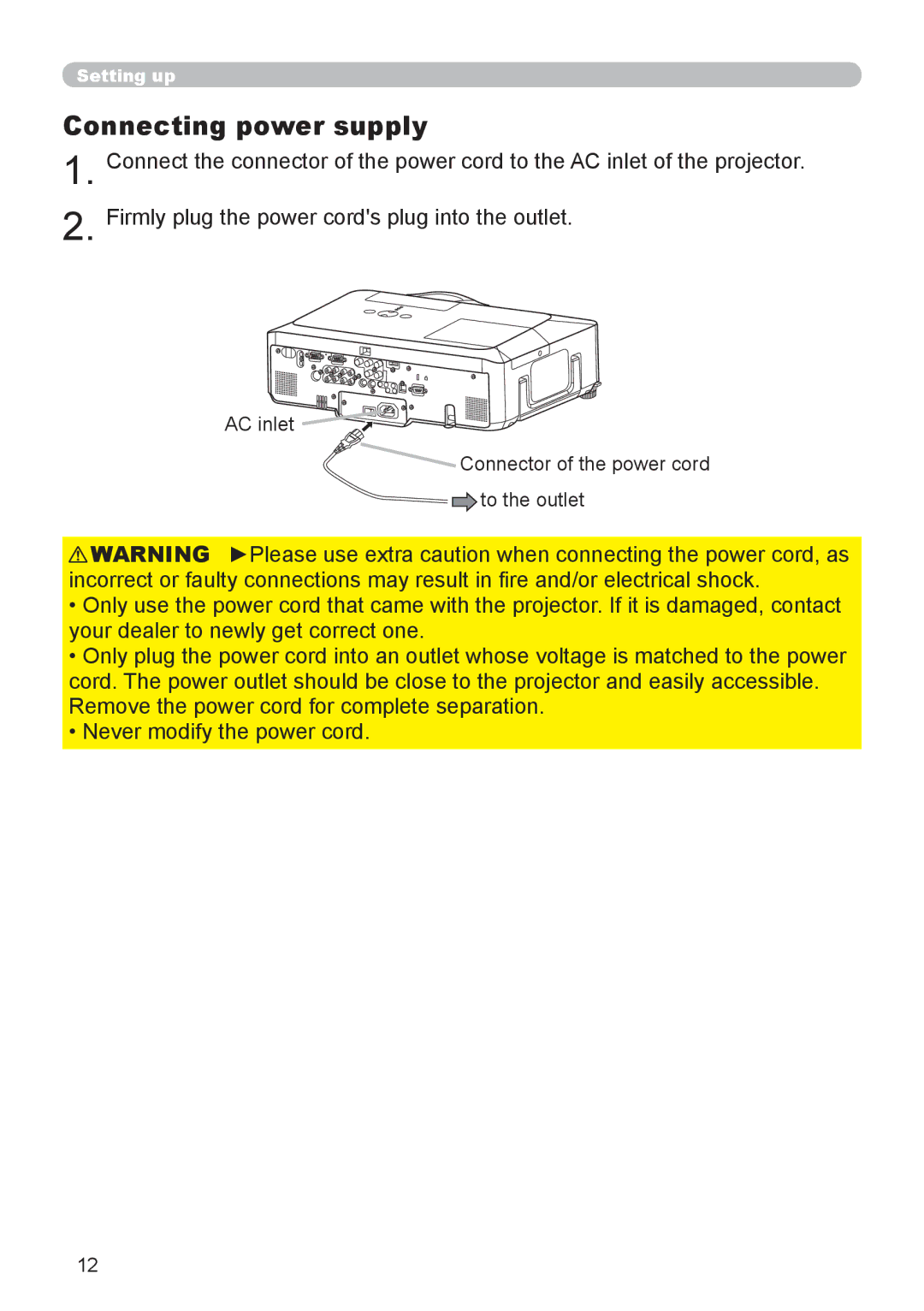 Planar PR9020 user manual Connecting power supply, AC inlet Connector of the power cord To the outlet 