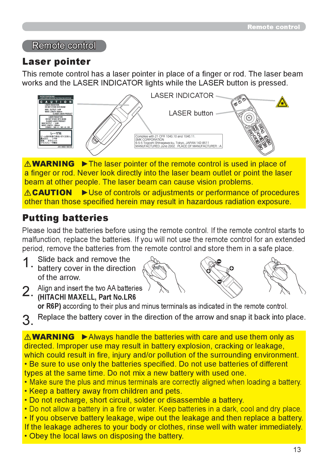 Planar PR9020 user manual Remote control, Laser pointer, Putting batteries, Hitachi MAXELL, Part No.LR6, Laser button 