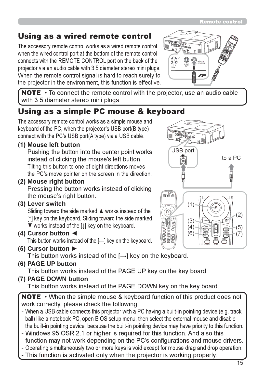 Planar PR9020 user manual Using as a wired remote control, Using as a simple PC mouse & keyboard 