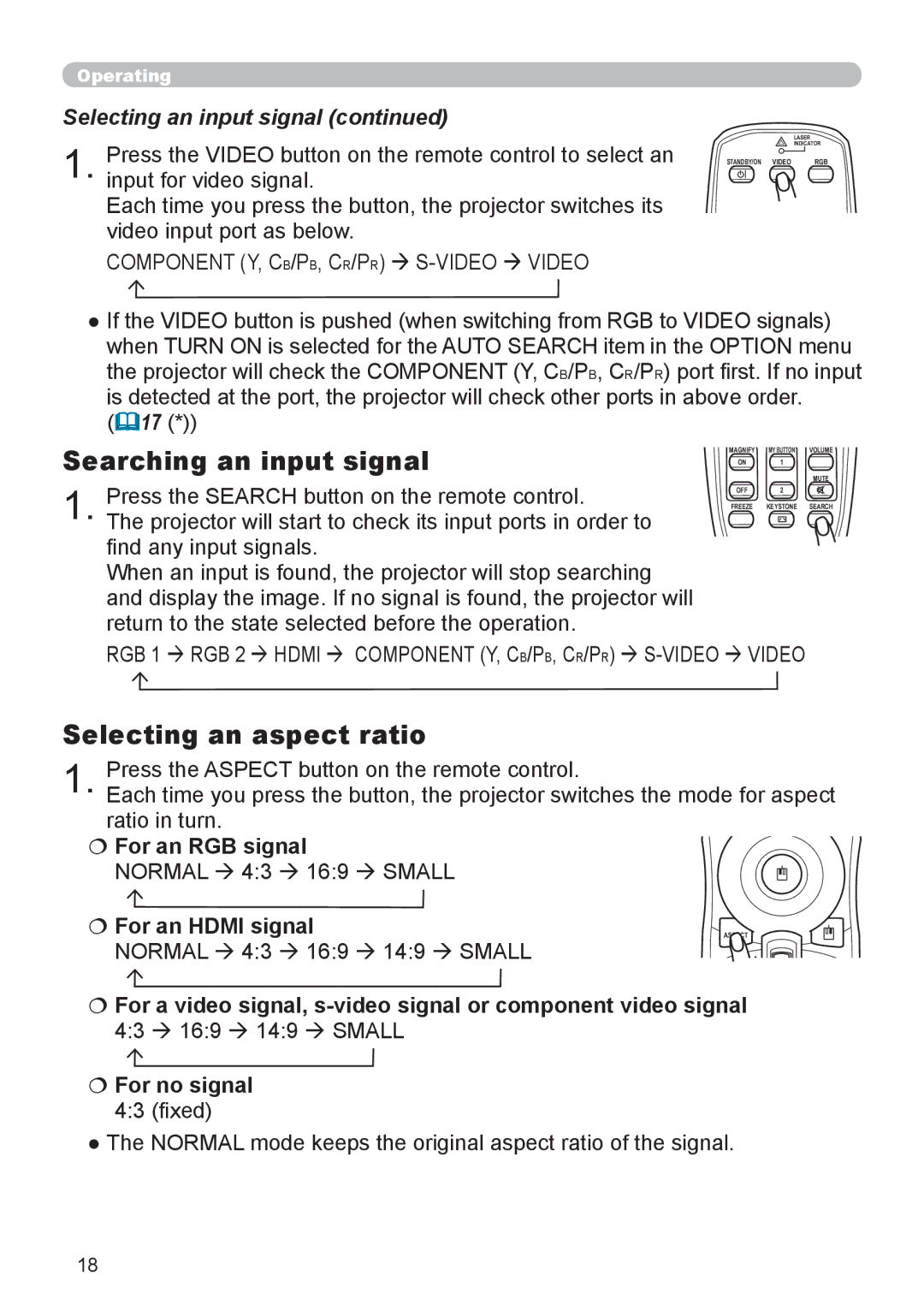 Planar PR9020 Searching an input signal, Selecting an aspect ratio, Selecting an input signal,  For an RGB signal 