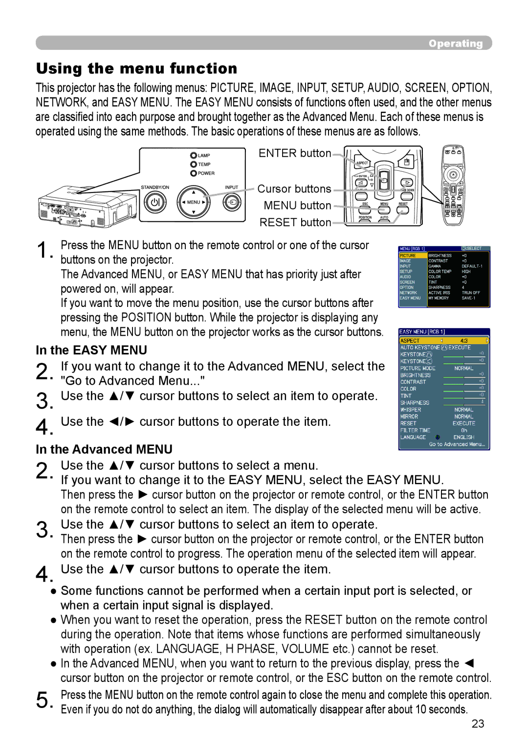 Planar PR9020 user manual Using the menu function, Easy Menu, Advanced Menu, Enter button 