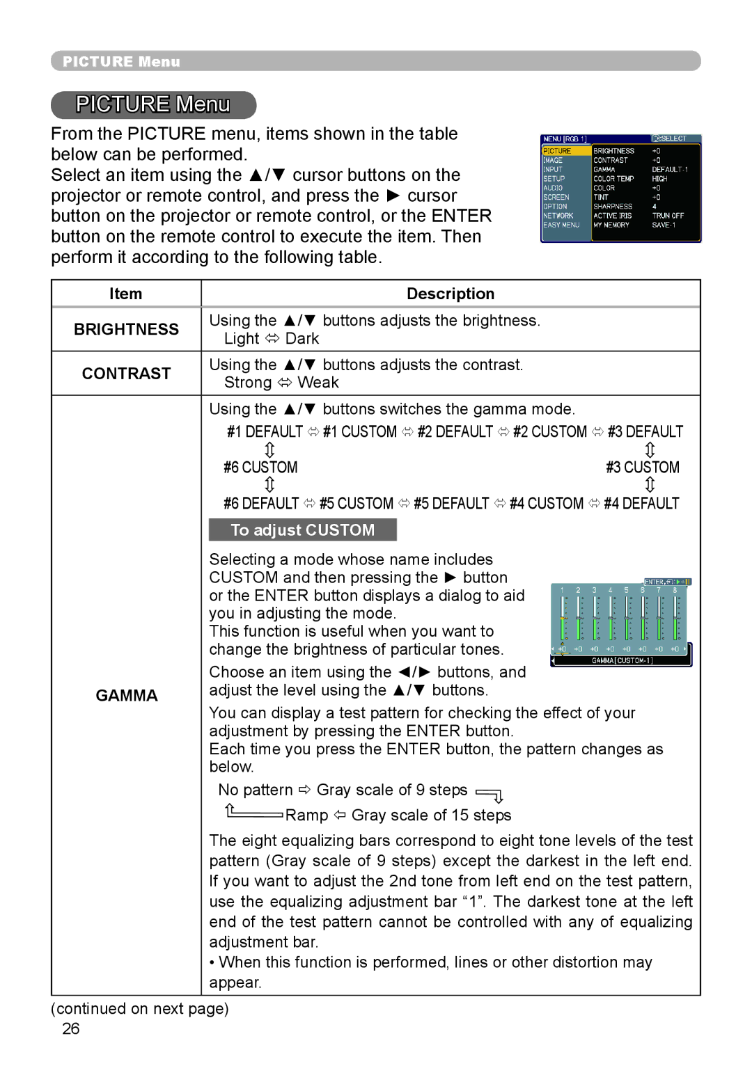 Planar PR9020 user manual Picture Menu, Gamma 